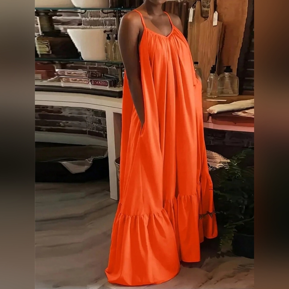 V-Neck Sleeveless Ruffle Hem Long Pocket Dress